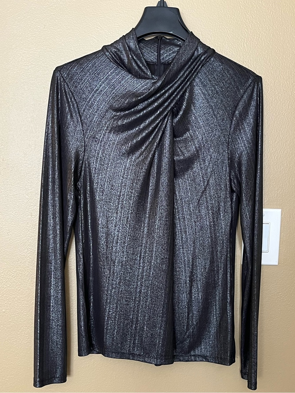 ELIE TAHARI Womens Top Blouse Long Sleeve 1/3 zip back Metallic Dark Grey MEDIUM